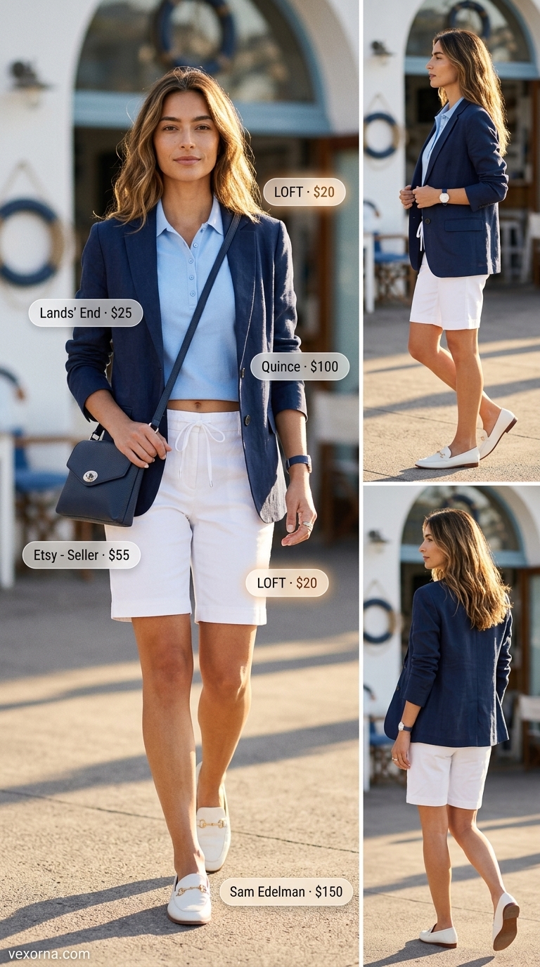 Yacht Club Rendezvous: Summer Old Money Outfit for Women 2026 Summer old money outfit for women 2026: White Bermuda shorts, sky blue polo, navy blazer, and loafers for a yacht club rendezvous.