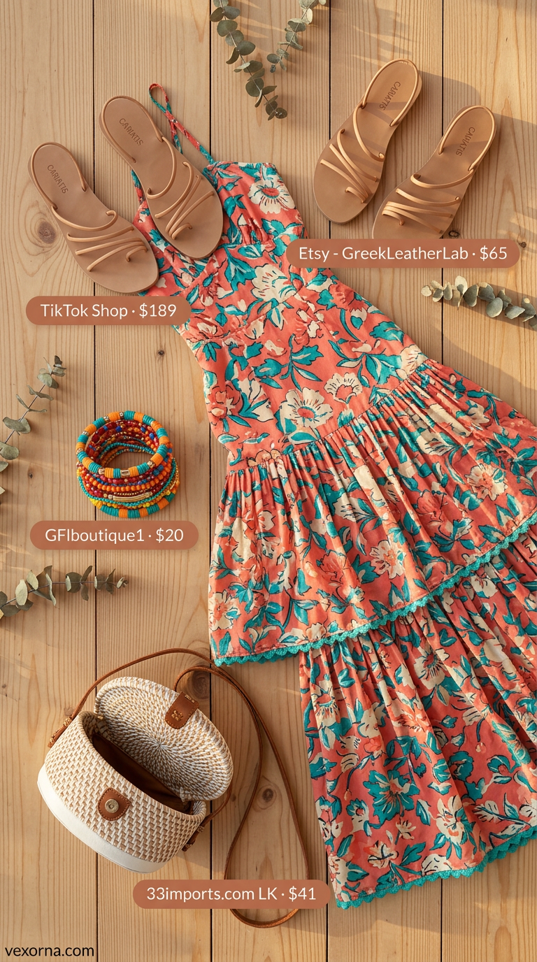 Casual sporty chic summer outfits for women 2026: Floral maxi dress, strappy sandals, crossbody bag, beaded bracelets.