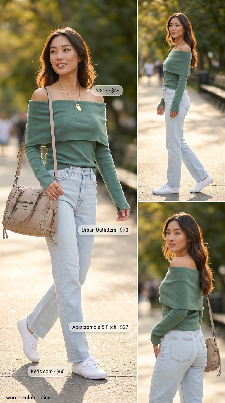 Casual Summer Off-Shoulder Outfits 2026: Weekend Chic Casual summer off-shoulder outfits for women 2026: Sage green knit top, light blue jeans, white sneakers for weekend comfort.