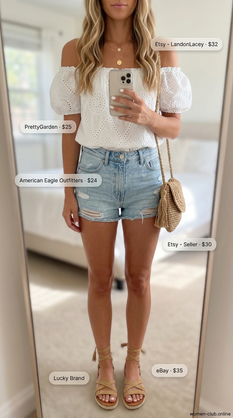 Casual Summer Off-Shoulder Outfits 2026: Boho Brunch Vibes Casual summer off-shoulder outfits for women 2026: White embroidered peasant blouse, denim shorts, espadrilles for boho brunch.