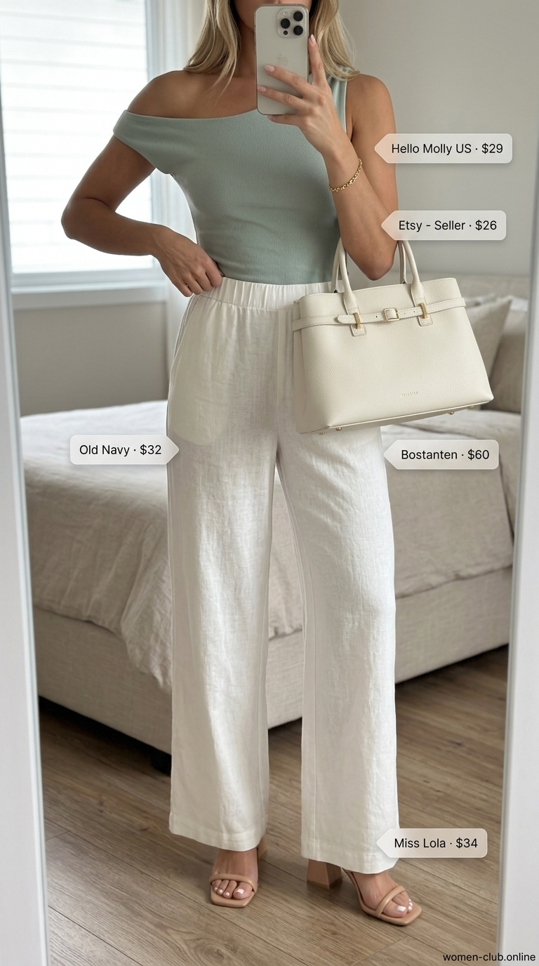 Casual Summer Off-Shoulder Outfits 2026: Coastal Evening Casual summer off-shoulder outfits for women 2026: Sage green top, cream linen pants, nude mules for coastal evening.