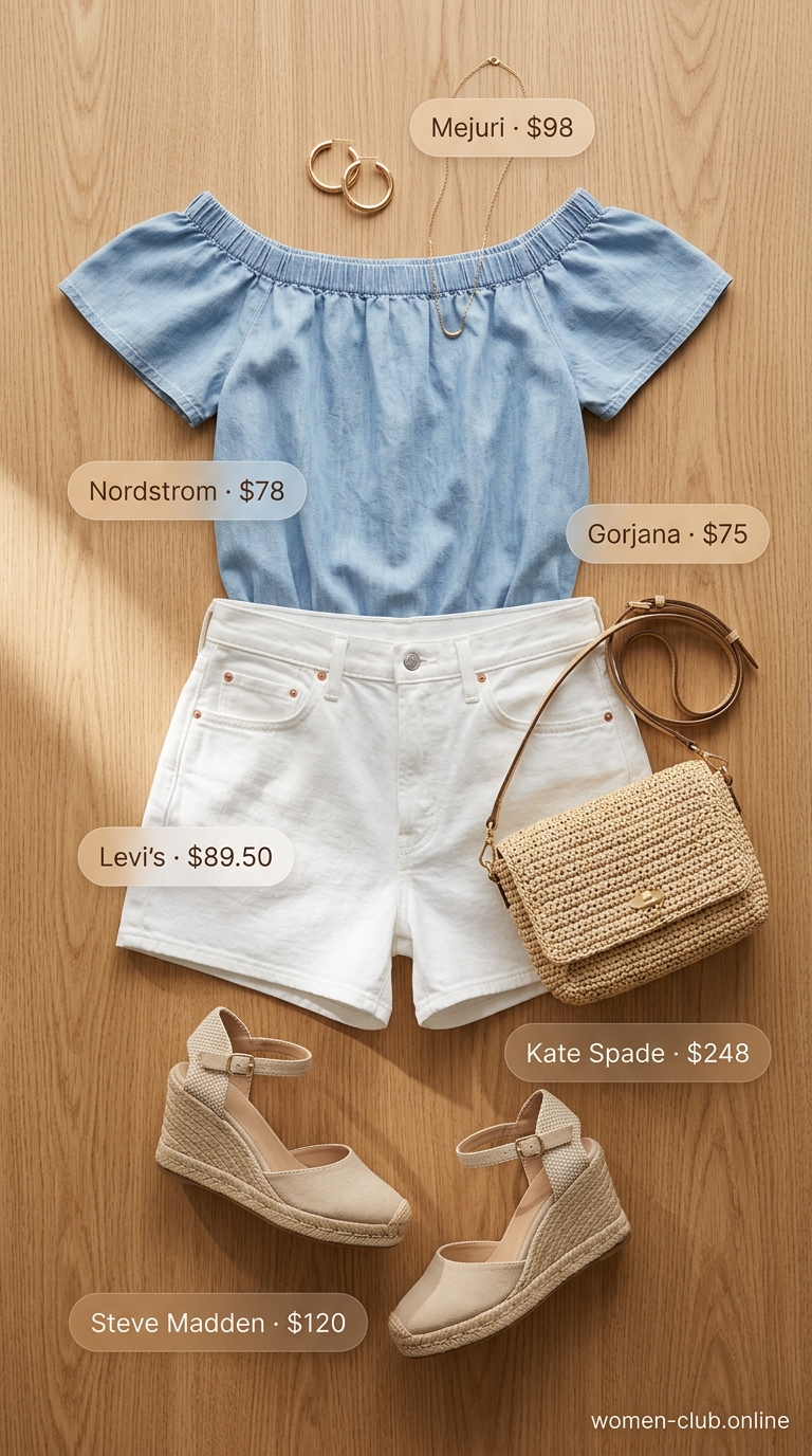 Casual Summer Off-Shoulder Outfits 2026: Chambray Chic Style Casual summer off-shoulder outfits for women 2026: Chambray top, white tailored shorts, tan slides for everyday chic.