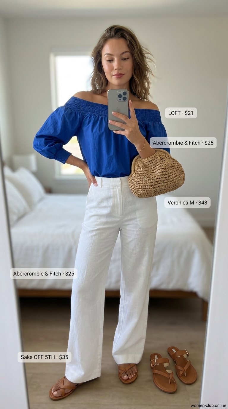 Casual Summer Off-Shoulder Outfits 2026: Riviera Style Casual summer off-shoulder outfits for women 2026: Sky blue top, white wide-leg trousers, tan slides for Riviera style.