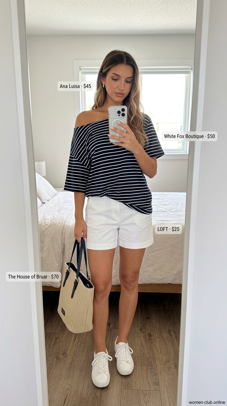 Casual Summer Off-Shoulder Outfits 2026: Seaside Stripes Casual summer off-shoulder outfits for women 2026: Striped top, white shorts, straw tote for seaside style.