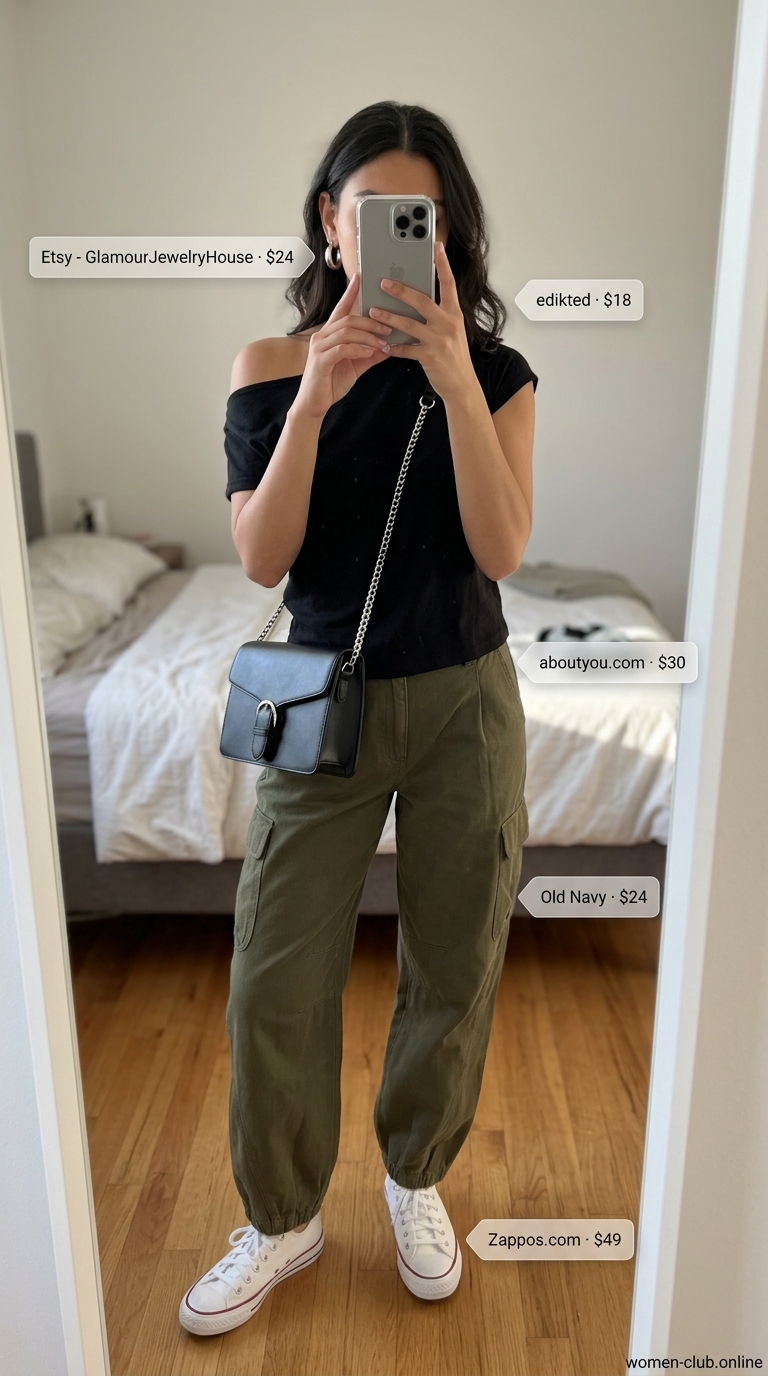 Casual Summer Off-Shoulder Outfits 2026: Urban Chic Casual summer off-shoulder outfits for women 2026: Black off-shoulder top, olive cargo pants, sneakers for urban chic.