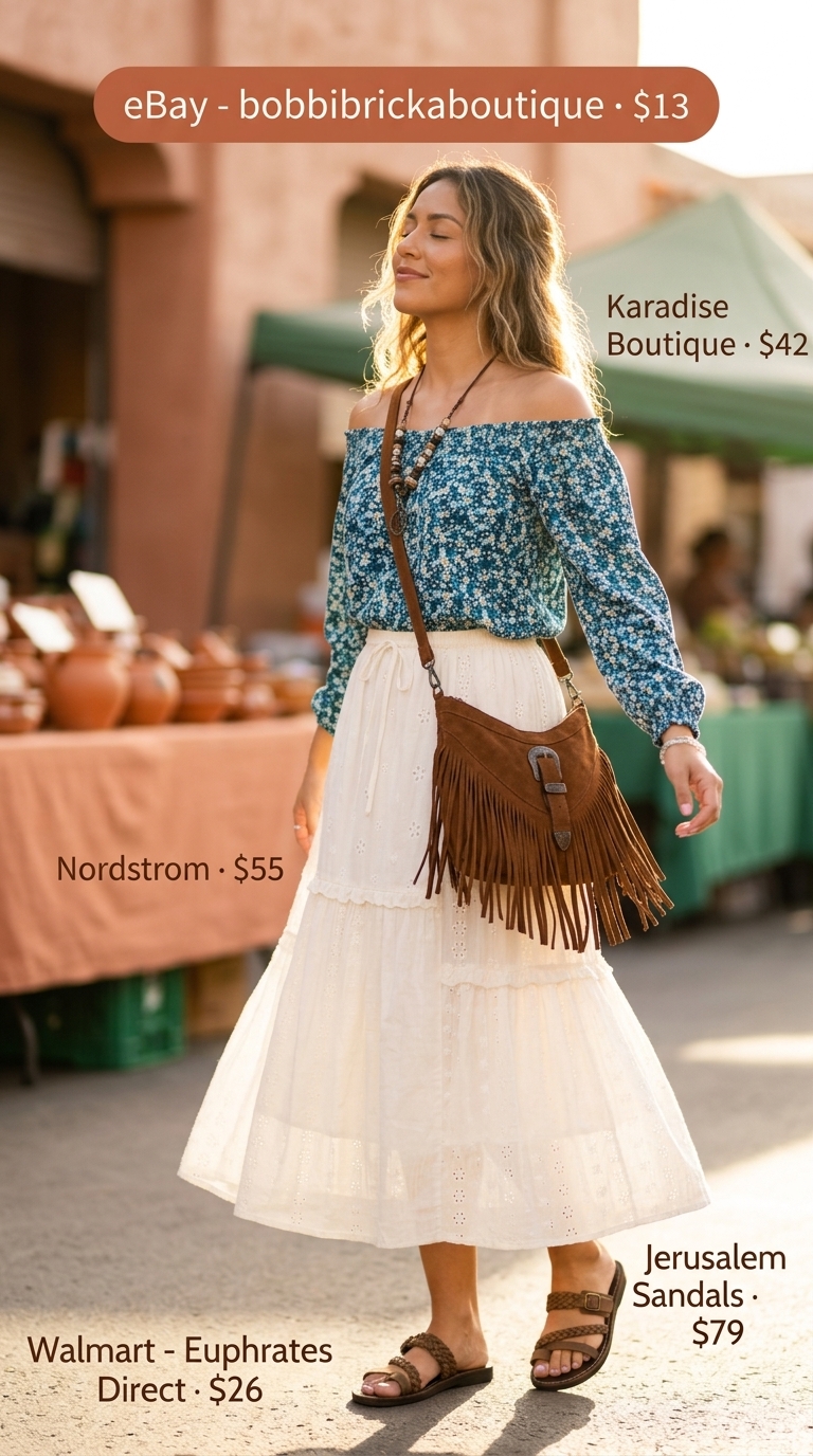 Boho Festival Vibes Casual Summer Off-Shoulder Outfits 2026 Boho festival vibes casual summer off-shoulder outfits for women 2026: Teal floral top, cream tiered skirt, brown slides.