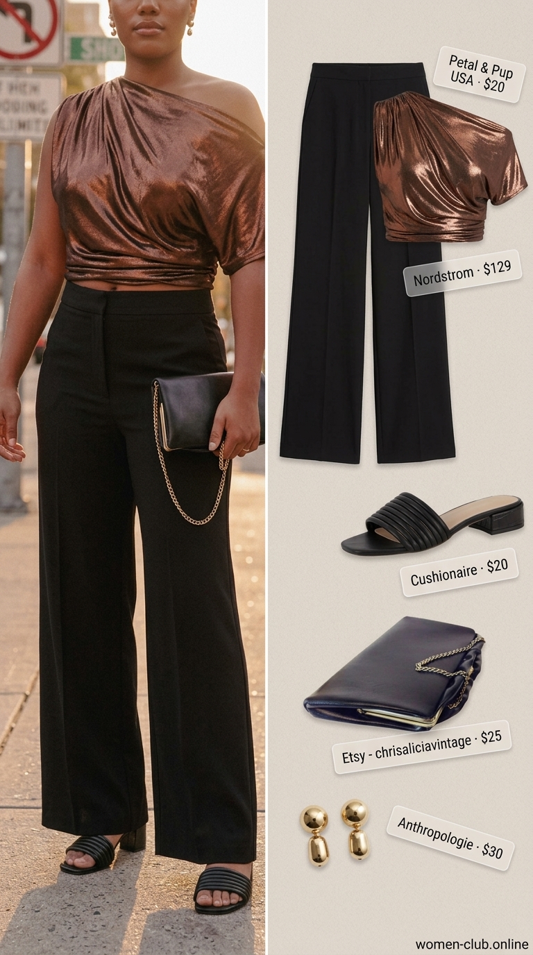 Relaxed Summer Glam Casual Off-Shoulder Outfits 2026 Relaxed summer glam casual summer off-shoulder outfits for women 2026: Bronze top, black trousers, gold heels.
