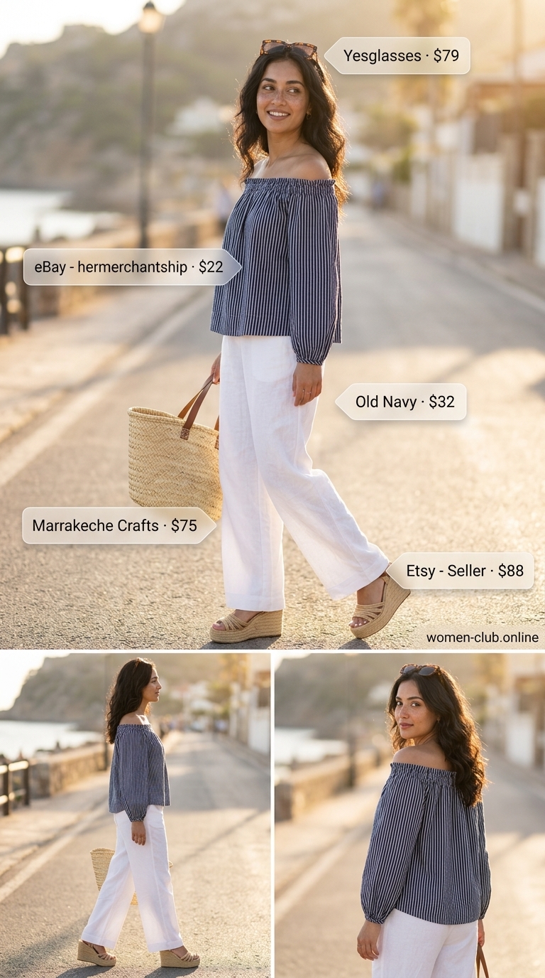 Casual Summer Off-Shoulder Outfits 2026: Coastal Riviera Sophistication Casual summer off-shoulder outfits for women 2026: Navy stripe off-shoulder shirt, white wide-leg trousers, espadrilles for coastal style.
