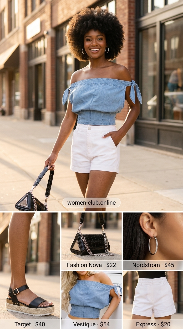 Casual Summer Off-Shoulder Outfits 2026: Modern Denim Darling Casual summer off-shoulder outfits for women 2026: Denim off-shoulder top, black tailored shorts, platform sandals for modern style.