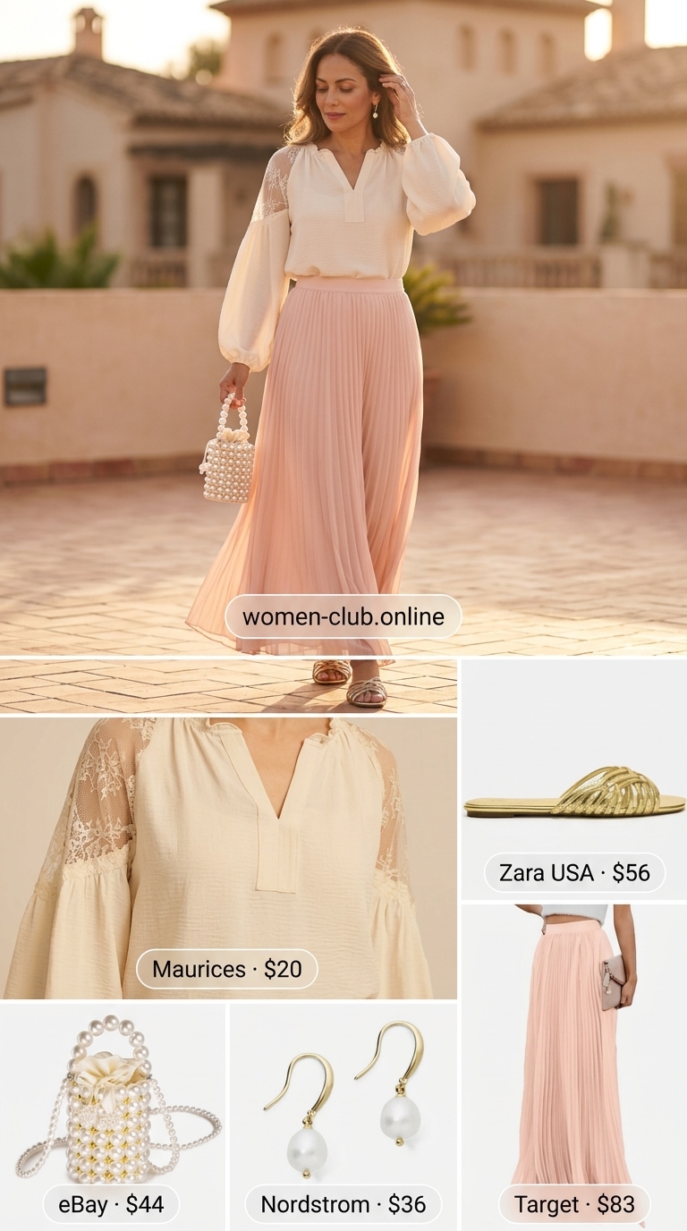 Soft Romance Casual Summer Off-Shoulder Outfits 2026 Soft romance casual summer off-shoulder outfits for women 2026: Cream eyelet top, blush maxi skirt, gold flats.