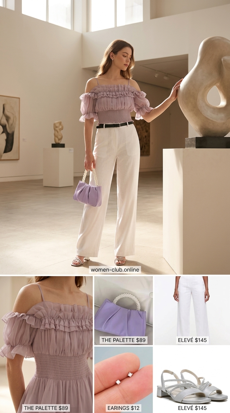 Casual Summer Off-Shoulder Outfits 2026: Lavender Haze Dream Casual summer off-shoulder outfits for women 2026: Lavender sheer blouse, white trousers, silver sandals for a dreamy look.