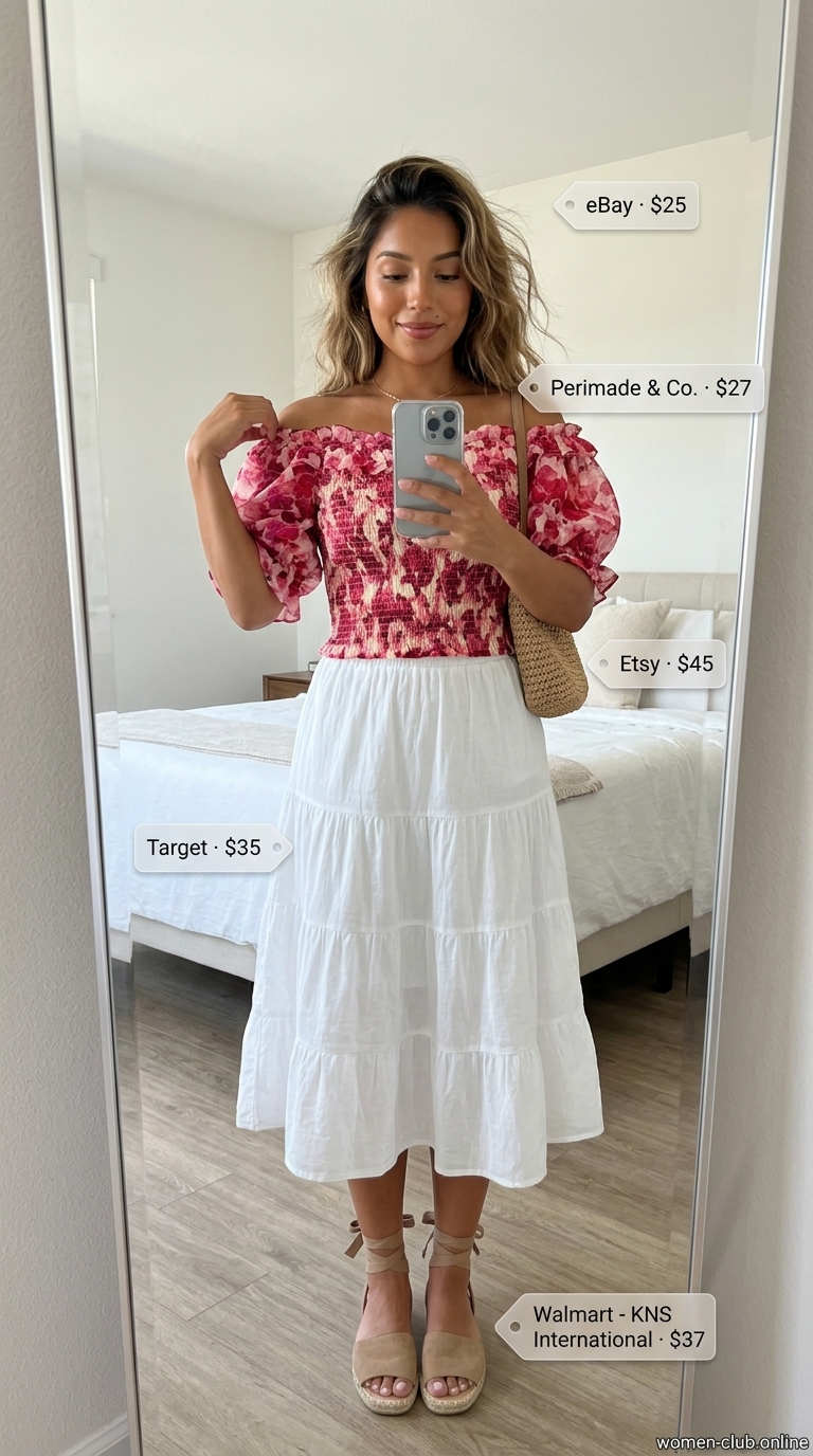 Casual Summer Off-Shoulder Outfits 2026: Garden Party Casual summer off-shoulder outfits for women 2026: Pink floral top, white midi skirt, espadrilles for a garden party.