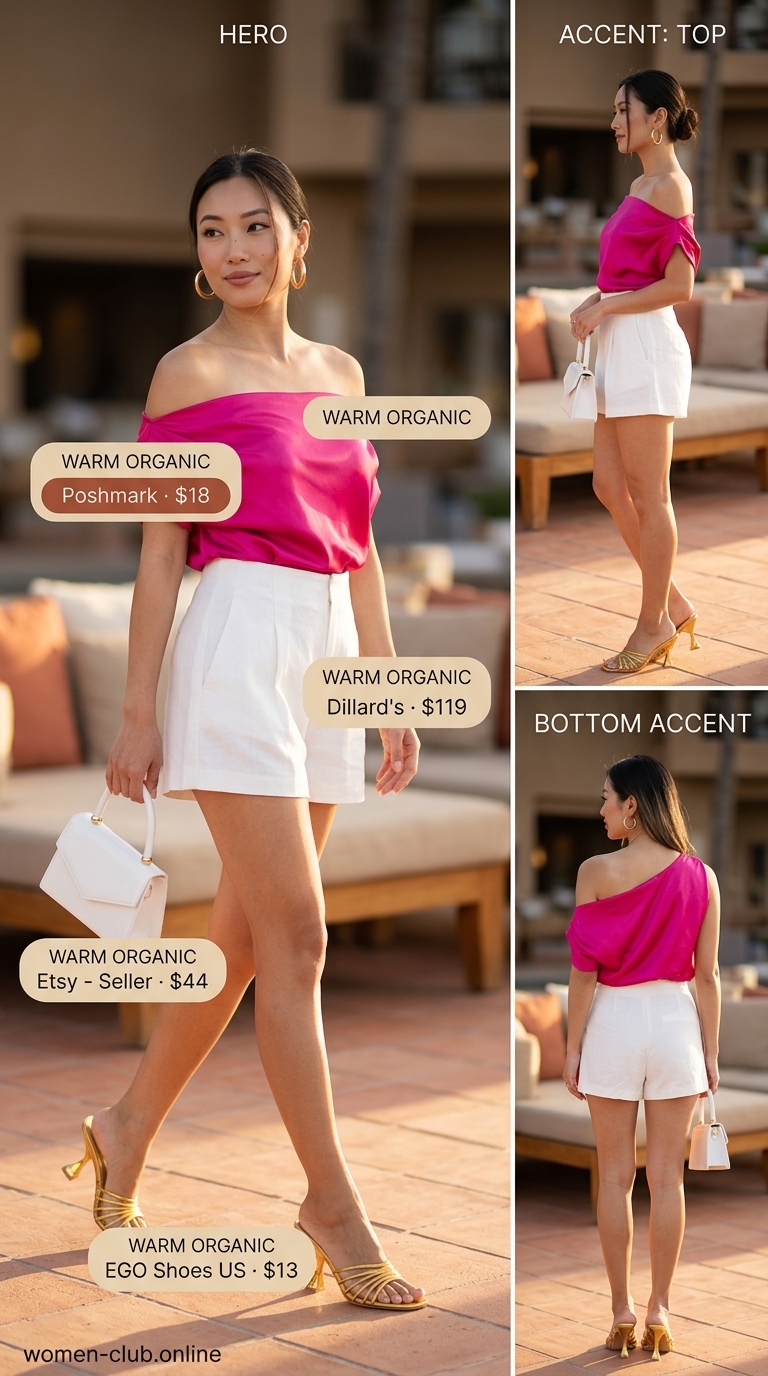 Resort Glam Casual Summer Off-Shoulder Outfits 2026 Resort glam casual summer off-shoulder outfits for women 2026: Fuchsia satin blouse, white linen shorts, gold heels.