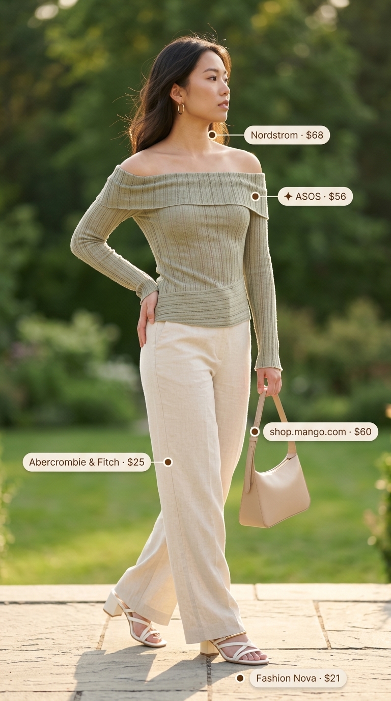 Urban Garden Party Casual Summer Off-Shoulder Outfits 2026 Urban garden party casual summer off-shoulder outfits for women 2026: Sage green top, cream linen trousers, beige mules.