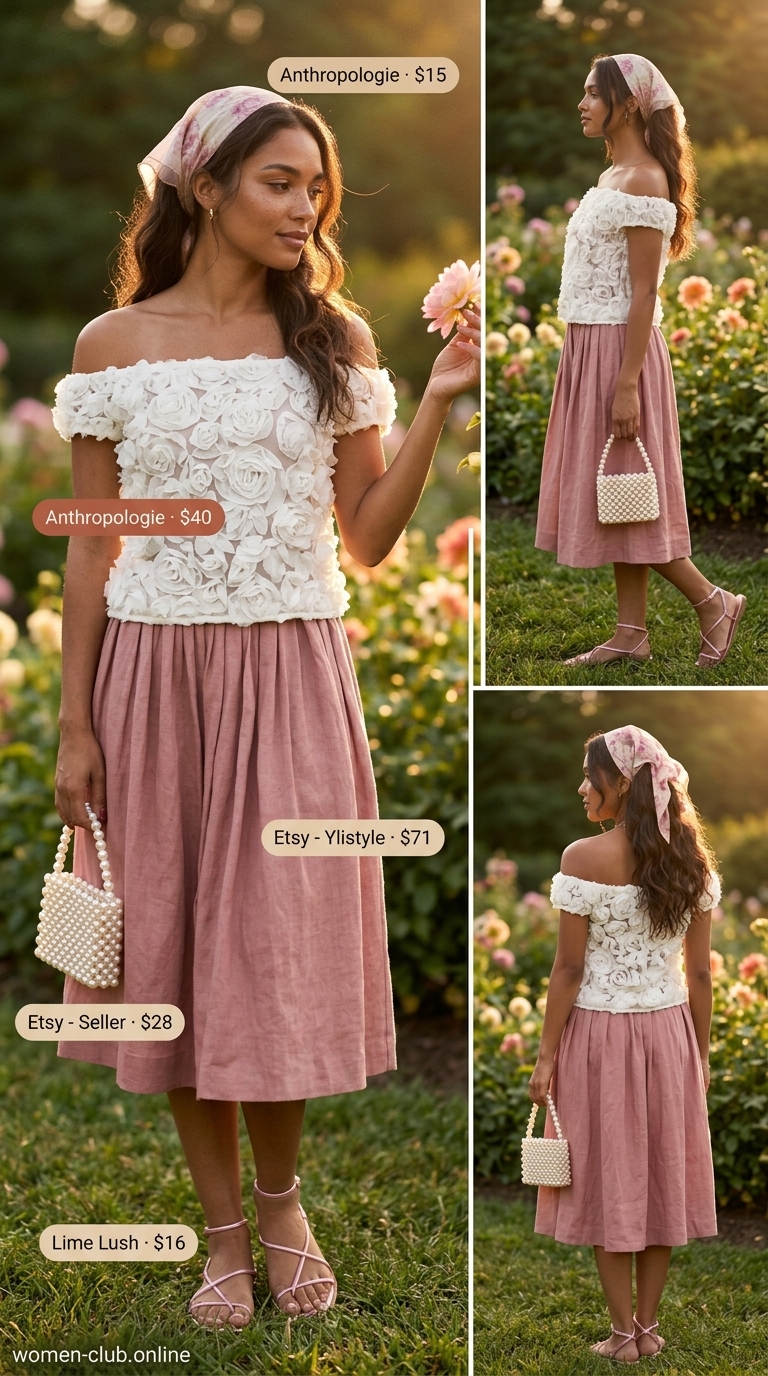 Casual Summer Off-Shoulder Outfits 2026: Garden Party Casual summer off-shoulder outfits for women 2026: Floral crop top, blush pink skirt, rose gold sandals for garden party.