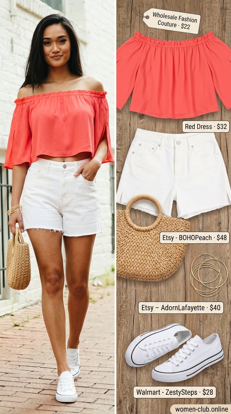 Casual Summer Off-Shoulder Outfits 2026: Picnic Style Casual summer off-shoulder outfits for women 2026: Coral ruffled top, white denim shorts, straw bag, sneakers for a picnic.