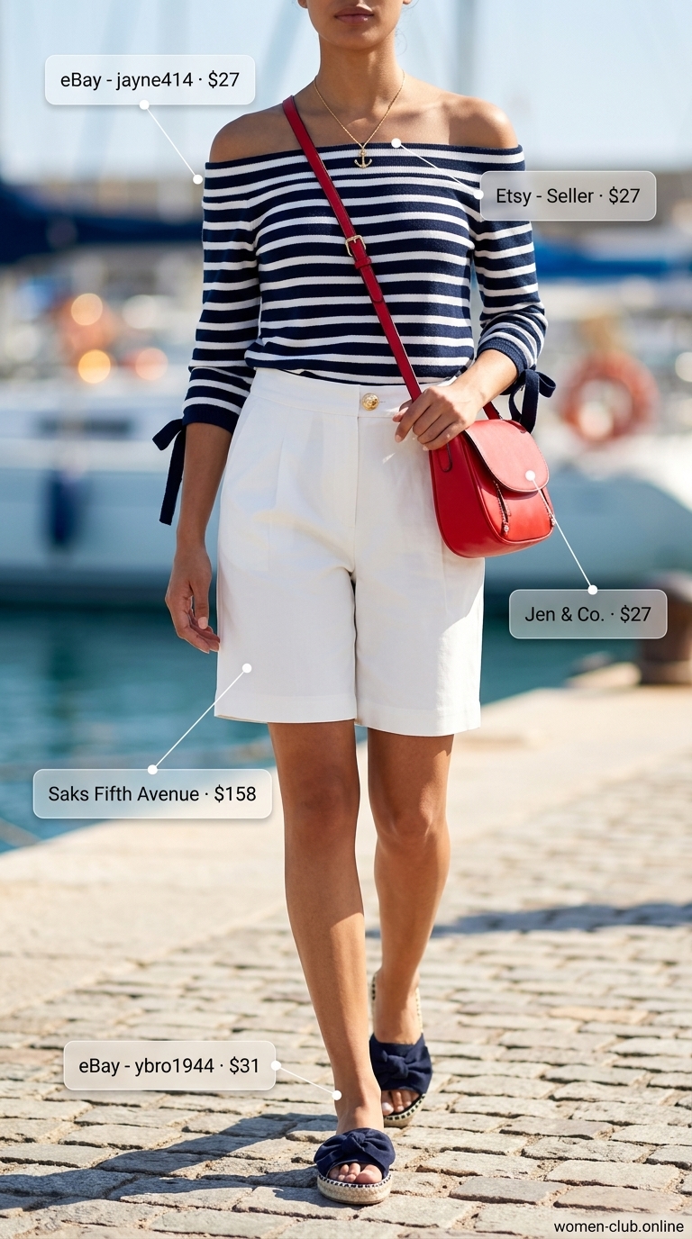 Casual Summer Off-Shoulder Outfits 2026: Nautical Escape Casual summer off-shoulder outfits for women 2026: Navy striped top, white Bermuda shorts, red bag for nautical style.