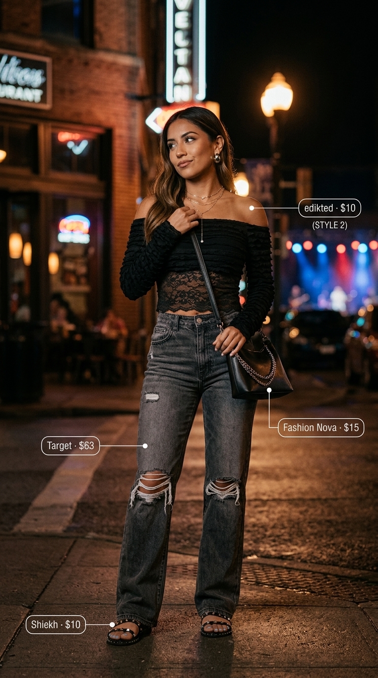 Cool City Explorer Casual Summer Off-Shoulder Outfits 2026 Cool city explorer casual summer off-shoulder outfits for women 2026: Black ruffle top, gray distressed jeans, studded sandals.