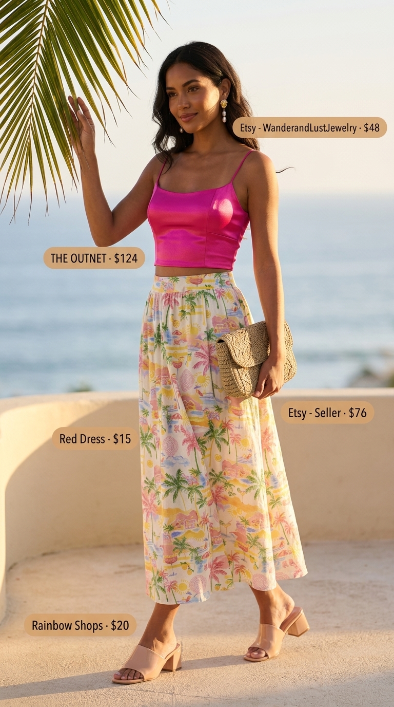 Casual Summer Off-Shoulder Outfits 2026: Sunset Beach Dinner Glam Casual summer off-shoulder outfits for women 2026: Fuchsia satin top, floral maxi skirt, heeled sandals for beach dinner.