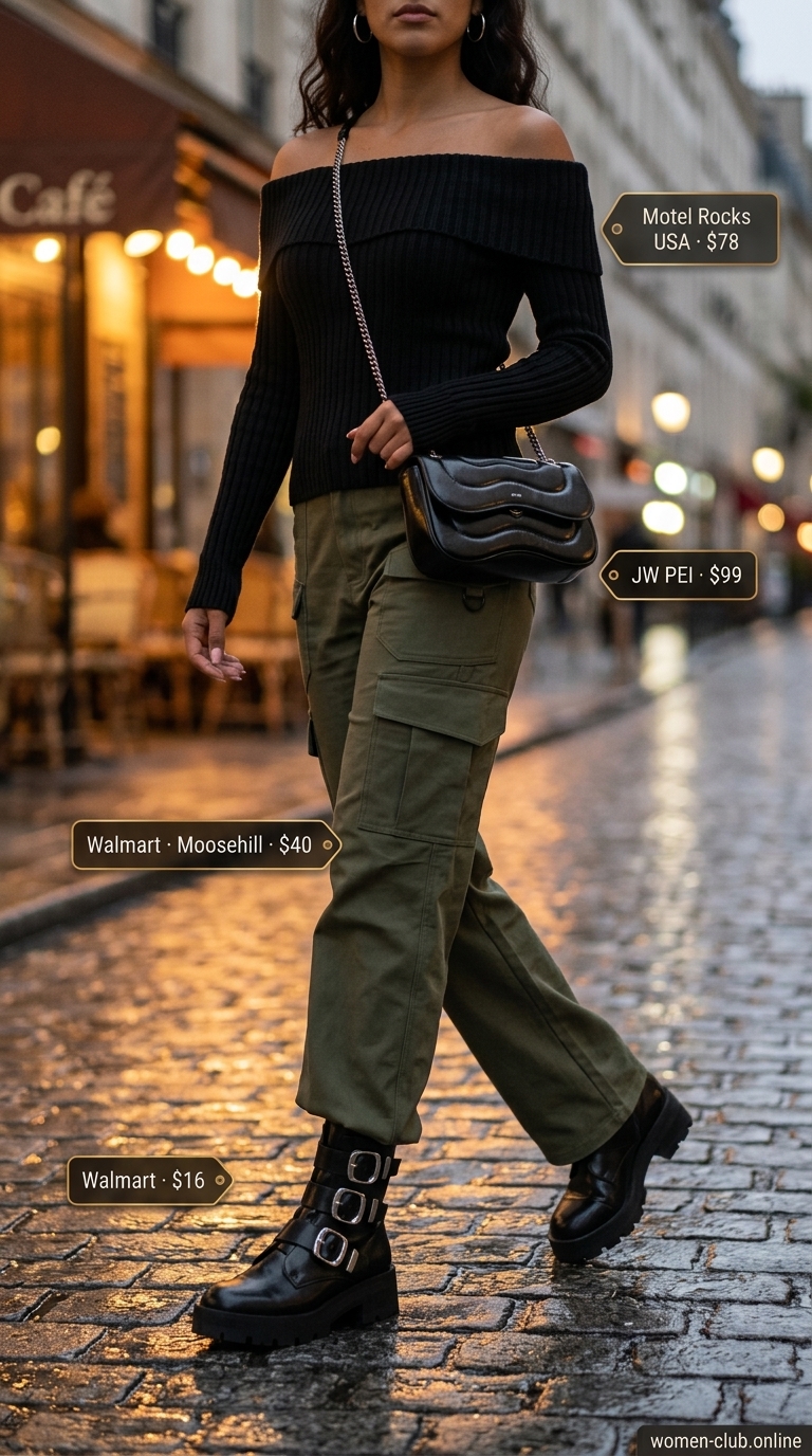 Urban Edge Casual Summer Off-Shoulder Outfits 2026 Urban edge casual summer off-shoulder outfits for women 2026: Black ribbed top, olive cargo pants, combat boots.