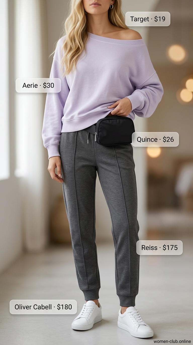 Sporty Chic Casual Summer Off-Shoulder Outfits 2026 Sporty chic getaway casual summer off-shoulder outfits for women 2026: Lavender sweatshirt, gray joggers, white sneakers.