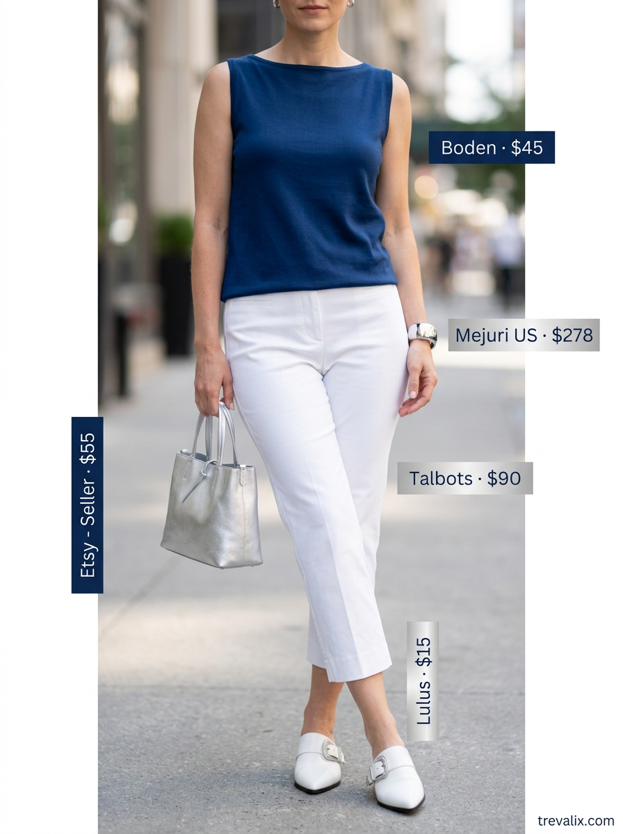 City chic summer boat neck outfit for women 2026: Navy blouse, white capris, block heels.