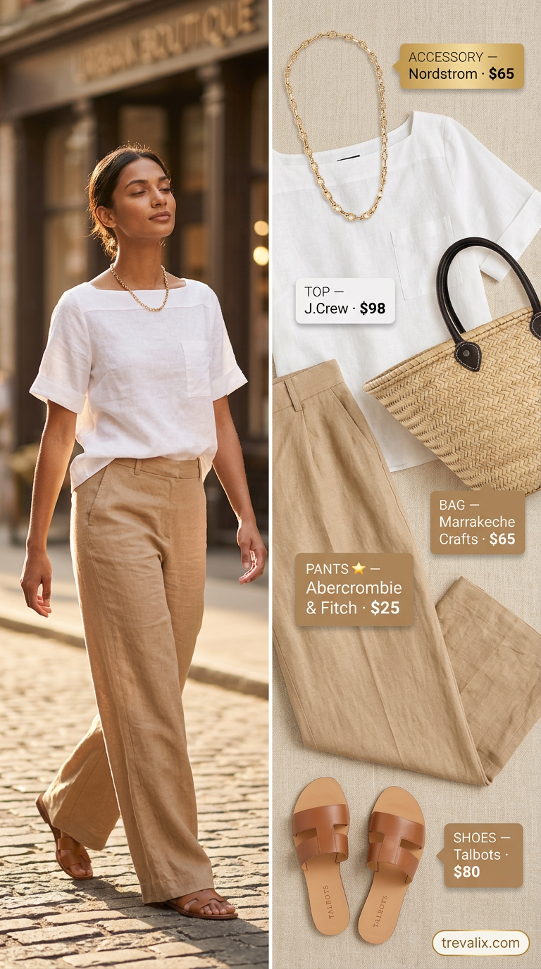 Coastal Breeze Summer Boat Neck outfit for women 2026: White top, beige linen pants, straw tote, flat sandals, gold necklace.