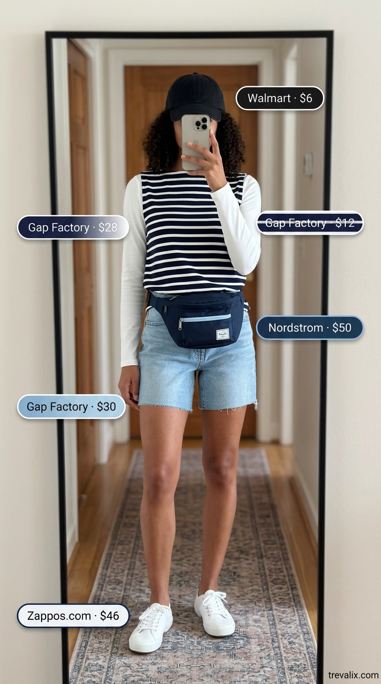 Weekend getaway summer boat neck outfit for women 2026: Striped tee, denim shorts, canvas sneakers.