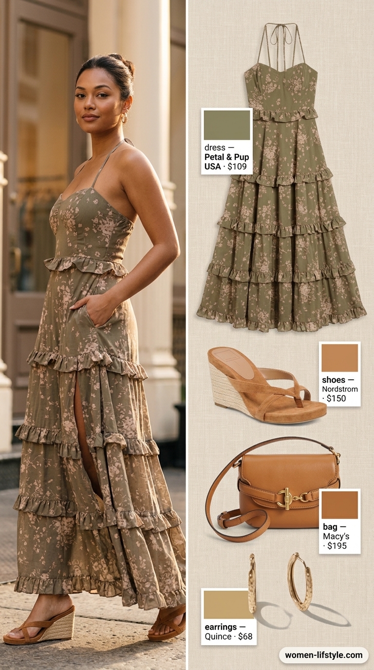 Earthy boho summer outfits for women 2026: Olive green floral maxi dress, tan crossbody, brown belt, and suede espadrilles.