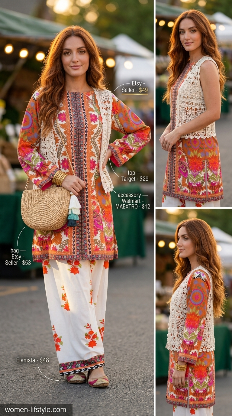 Earthy boho summer outfits for women 2026: Rust orange matching set, crochet vest, straw bag, and gold bangles for a market.