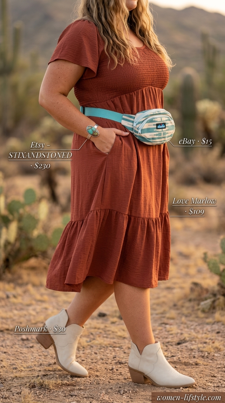 Earthy boho summer outfits for women 2026: Canyon clay dress, western boots, turquoise bracelet, and embroidered belt bag.