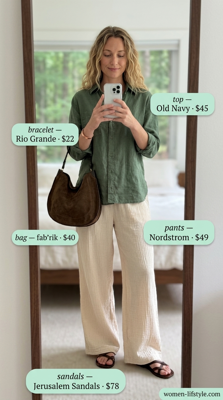 Earthy boho summer outfits for women 2026: Oatmeal gauze pants, forest green linen shirt, faux suede bag, and leather slides.