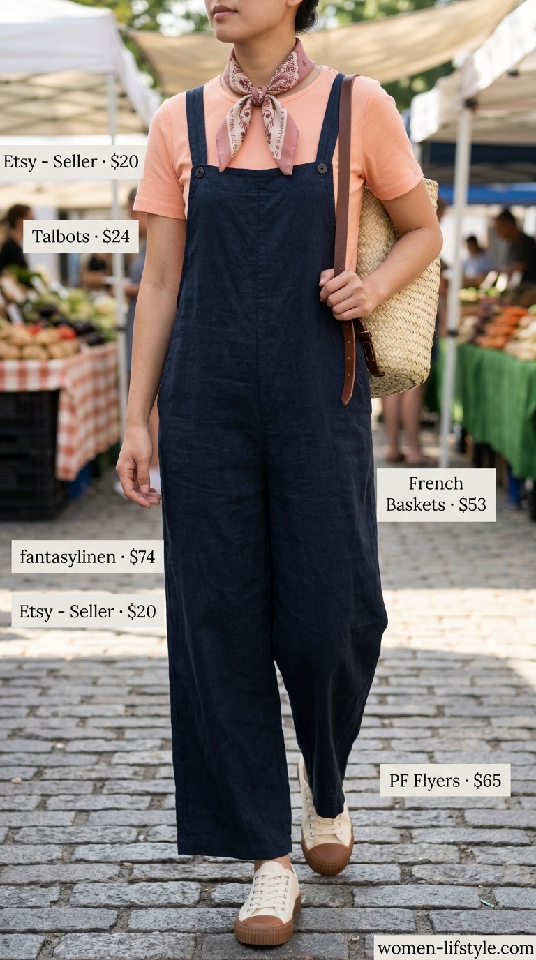 Earthy boho summer outfits for women 2026: Denim overalls, peach tee, straw backpack.