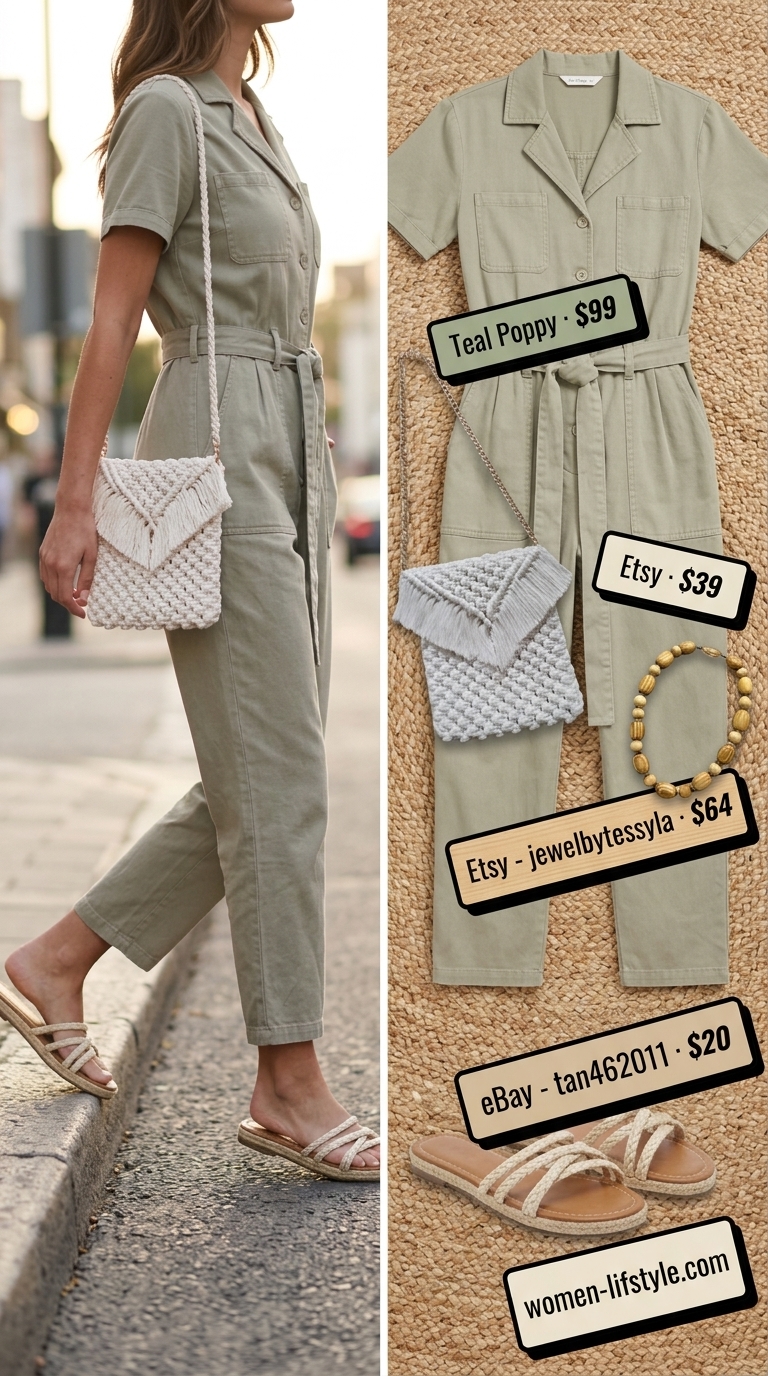 Earthy boho summer outfit for women 2026: Sage green utility jumpsuit, braided leather sandals, macrame bag.