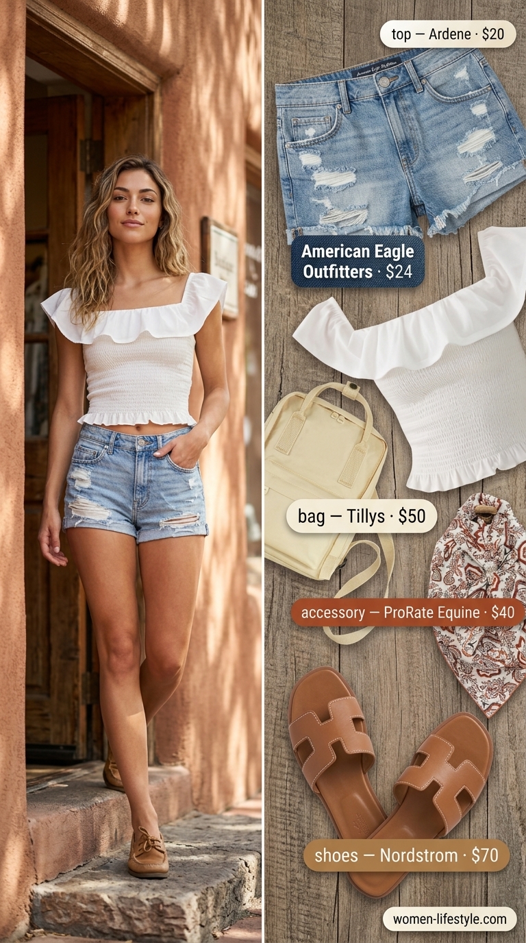Earthy boho summer outfits for women 2026: Faded blue denim shorts, ivory crop top, brown slides, and paisley bandana.
