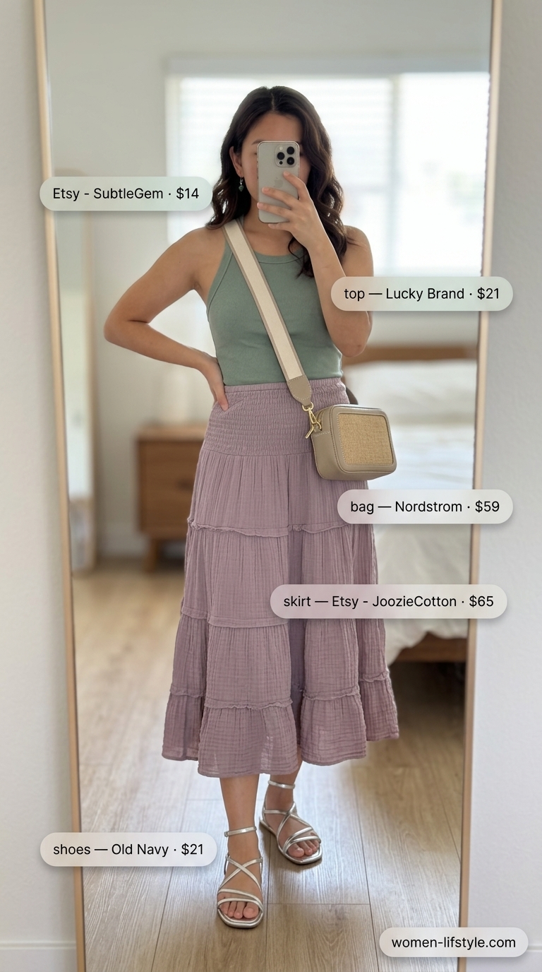 Earthy boho summer outfits for women 2026: Muted lavender tiered midi skirt, sage green tank, raffia bag, and silver earrings.