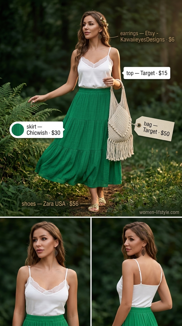 Earthy boho summer outfits for women 2026: Forest green midi skirt, cream camisole, macrame bag.