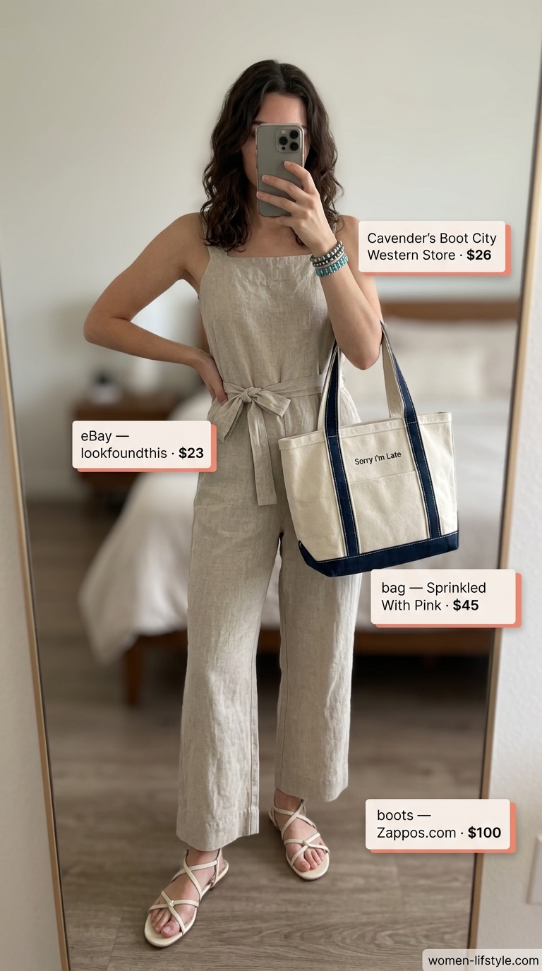 Earthy boho summer outfits for women 2026: Sandy beige linen jumpsuit, turquoise accessories, straw hat.