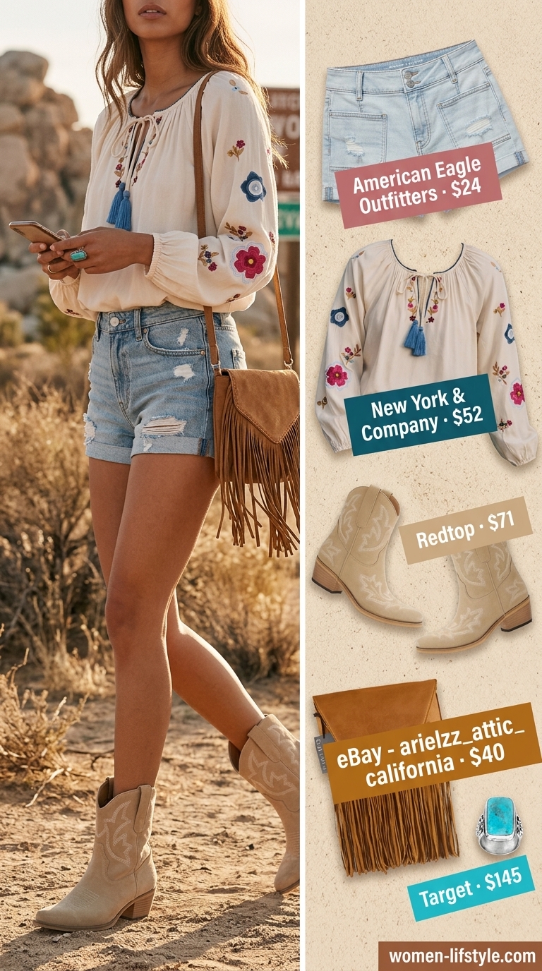 Earthy boho summer outfits for women 2026: Light wash denim shorts, off-white peasant blouse, suede cowboy boots, and fringe bag.