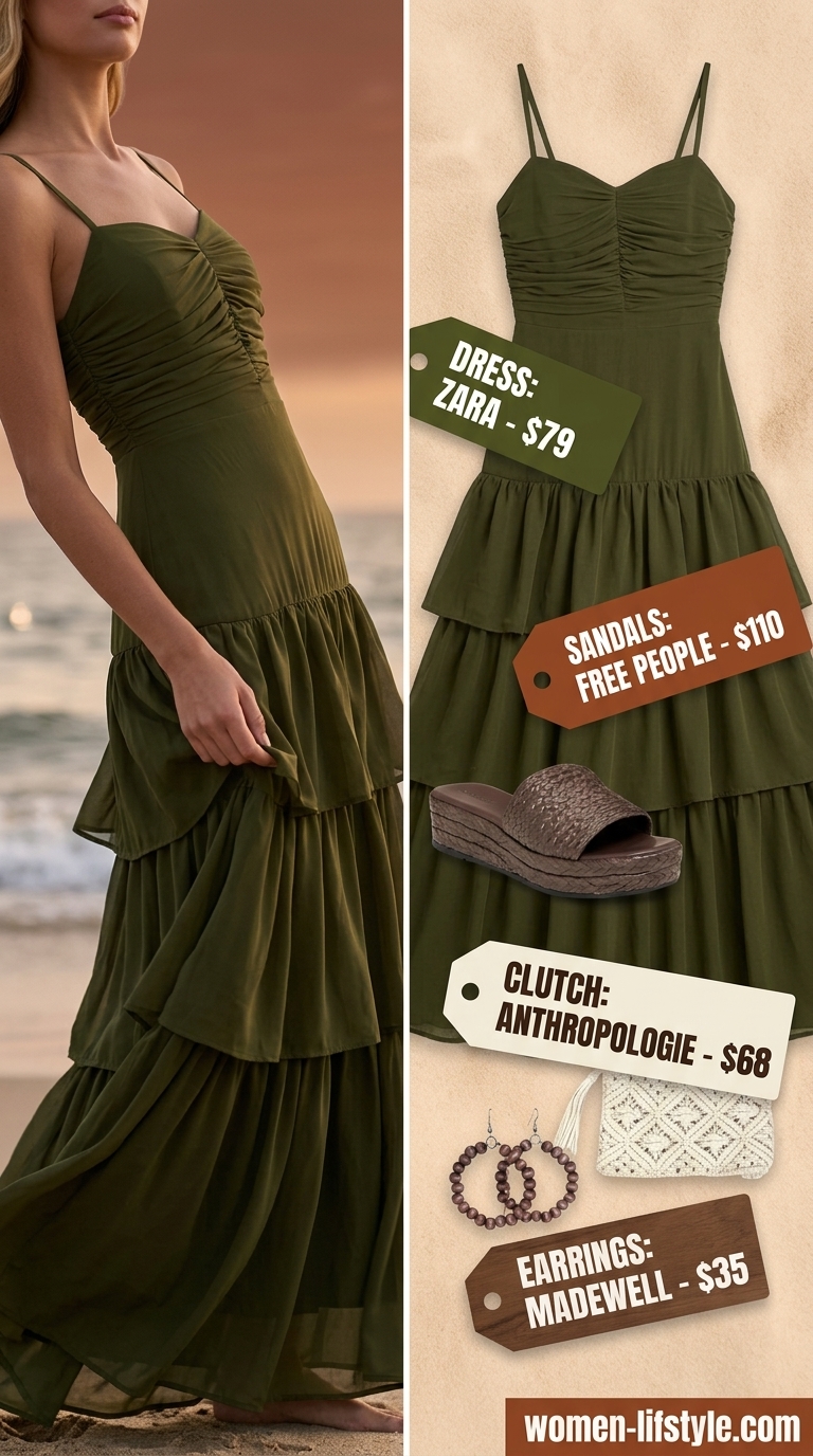 Earthy boho summer outfits for women 2026: Olive green maxi dress, rust espadrilles, and wooden bead earrings for a beach vacation.