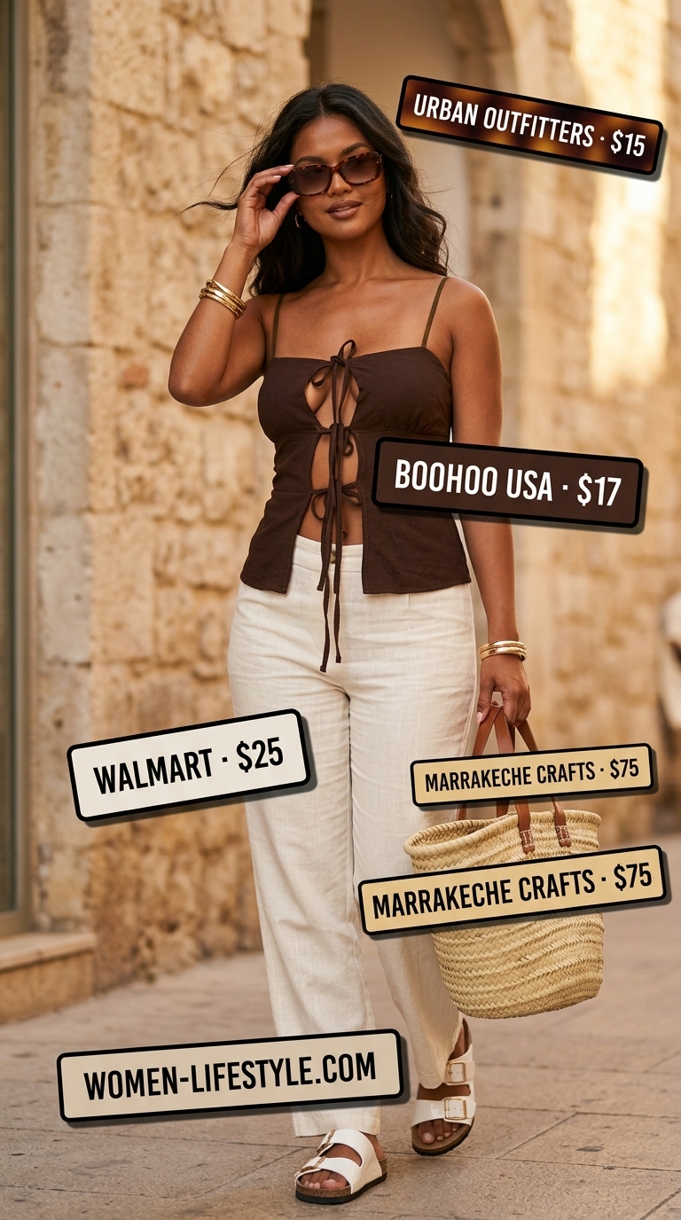 Earthy boho summer outfits for women 2026: Linen crop top & shorts set, straw tote, tortoiseshell sunglasses.