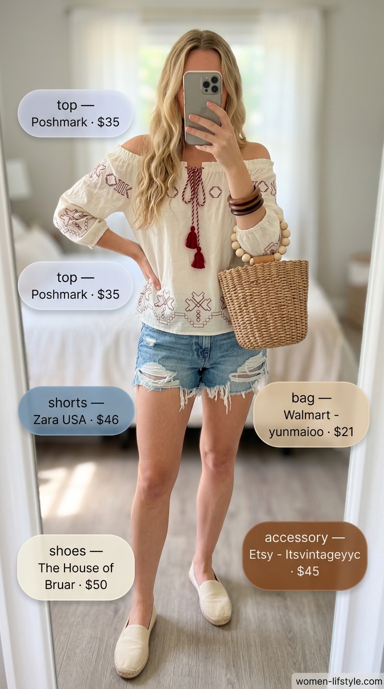 Earthy boho summer outfits for women 2026: Indigo denim shorts, ivory peasant top, espadrilles.