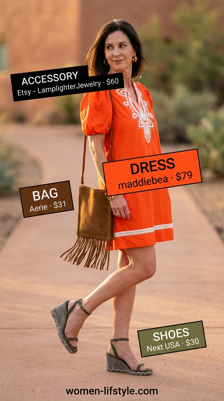 Earthy boho summer outfits for women 2026: Burnt orange mini dress, khaki espadrilles, fringe bag.