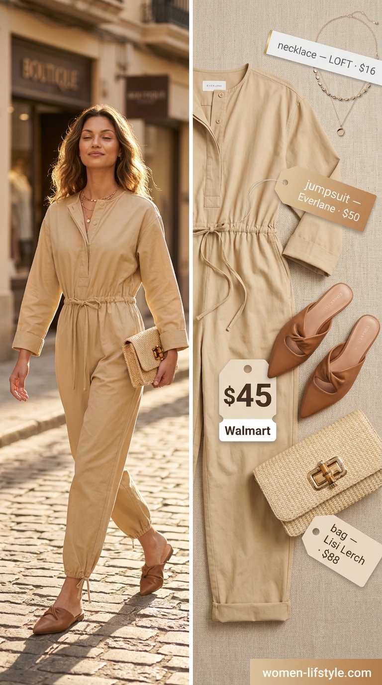 Earthy boho summer outfits for women 2026: Sand beige utility jumpsuit, straw clutch, gold necklace, and leather mules.
