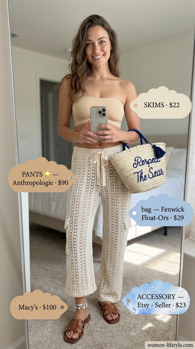 Earthy boho summer outfits for women 2026: Cream crochet pants, ocean blue accents, straw beach tote.
