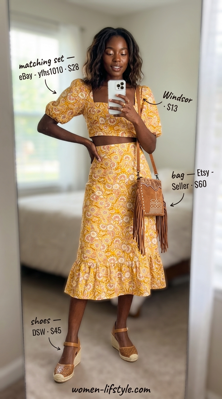 Earthy boho summer outfits for women 2026: Mustard yellow matching set, ivory hat, cognac espadrilles, and fringed bag.