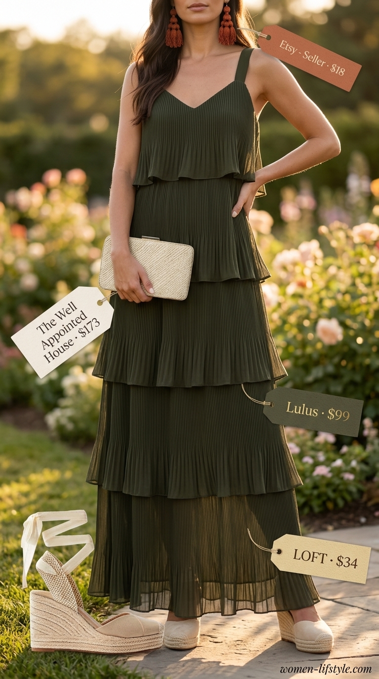 Earthy boho summer outfits for women 2026: Olive green maxi dress, tan espadrilles, straw clutch.