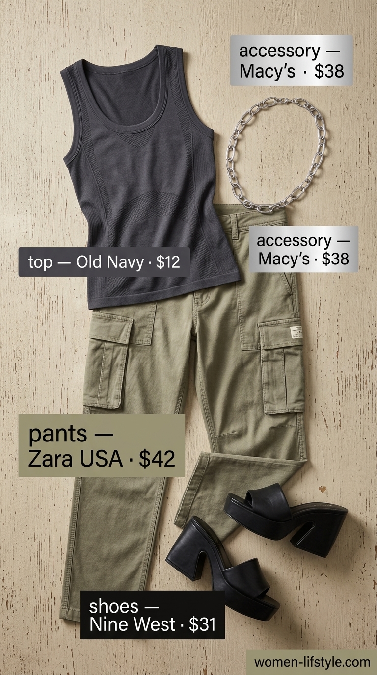 Earthy boho summer outfits for women 2026: Khaki cargo pants, charcoal tank, platform slides, and belt bag for urban exploration.