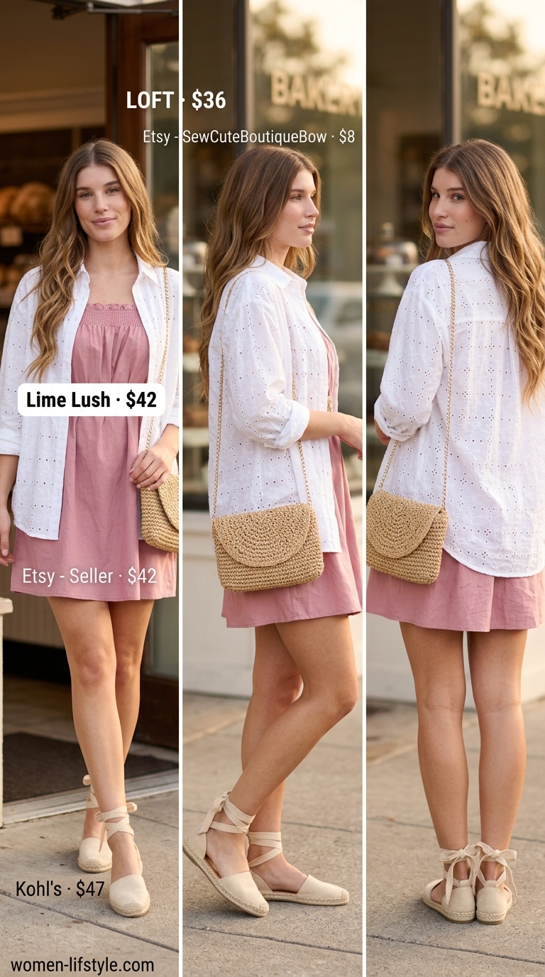 Earthy boho summer outfits for women 2026: Dusty rose babydoll dress, white eyelet shirt, raffia bag, and espadrille sandals.