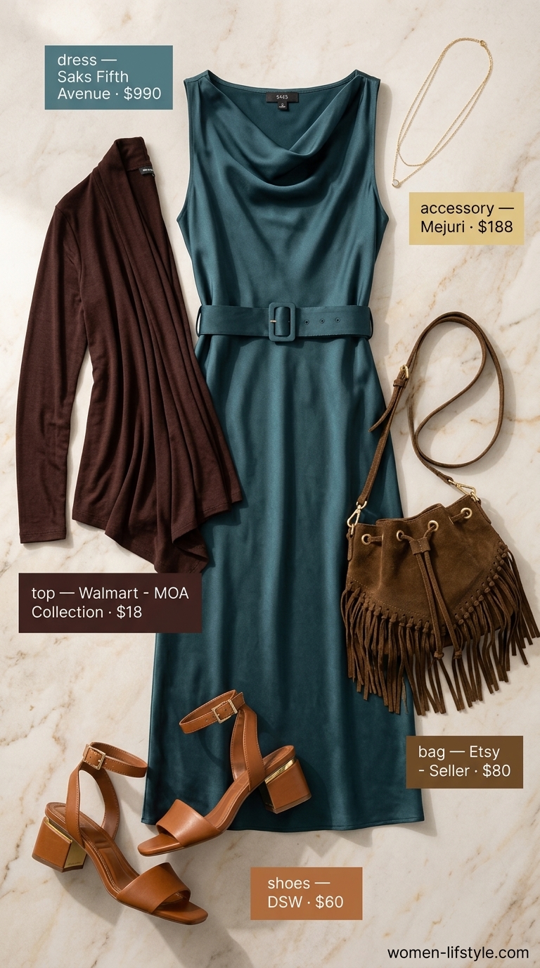 Earthy boho summer outfits for women 2026: Muted teal slip dress, knit cardigan, suede bag, and block heels for a summer dinner.